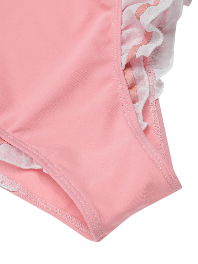 Costumi intero volant scollo quadrato fiocco rosa anni '50
