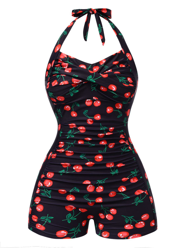 Costumi intero scollo all'americana stampa ciliegia nero anni '40