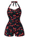 Costumi intero scollo all'americana stampa ciliegia nero anni '40