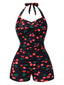 Costumi intero scollo all'americana stampa ciliegia nero anni '40