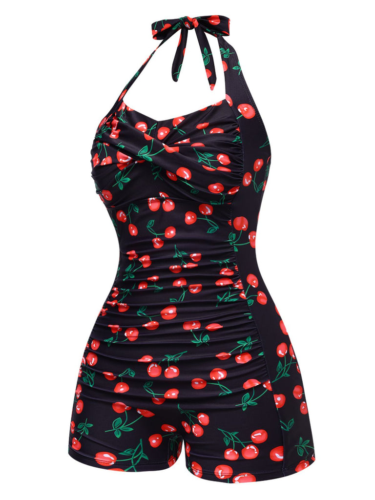 Costumi intero scollo all'americana stampa ciliegia nero anni '40