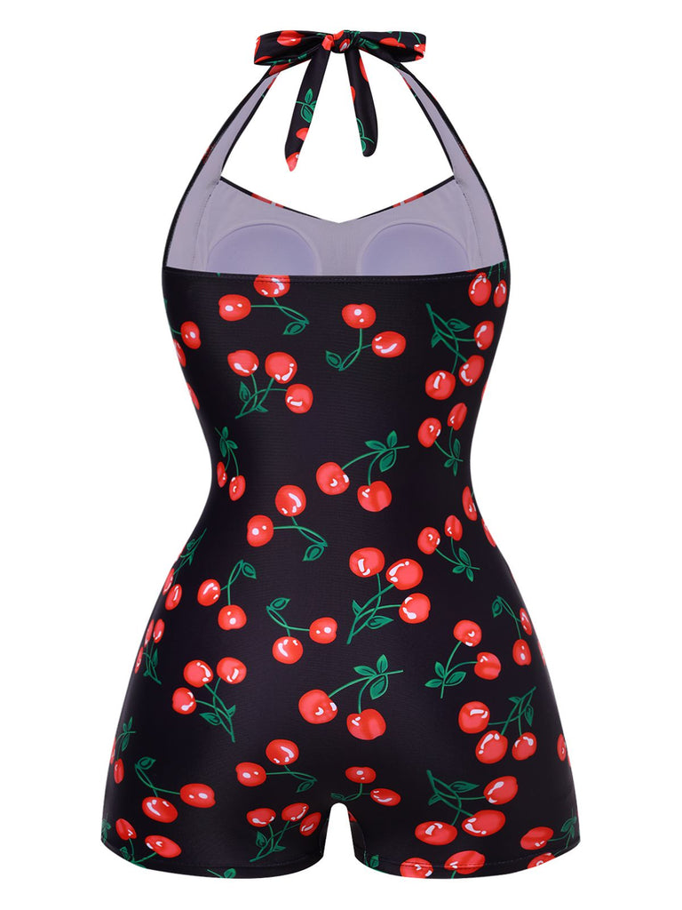 Costumi intero scollo all'americana stampa ciliegia nero anni '40