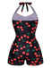 Costumi intero scollo all'americana stampa ciliegia nero anni '40