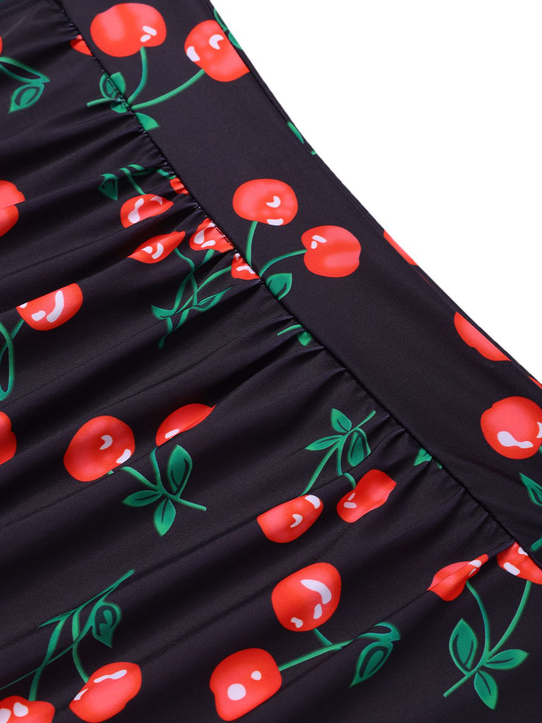 Costumi intero scollo all'americana stampa ciliegia nero anni '40