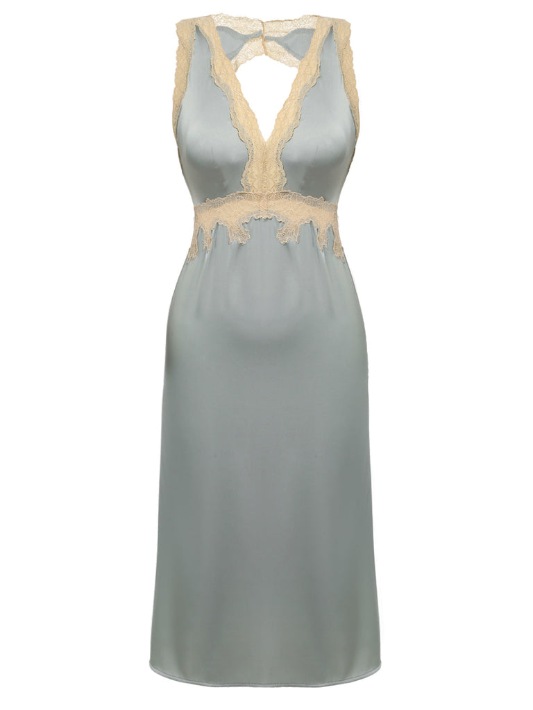 Pigiama in pizzo raso con scollo a V grigio blu anni '50