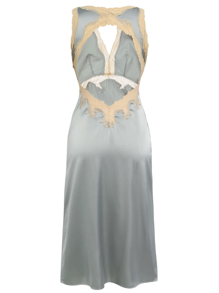 Pigiama in pizzo raso con scollo a V grigio blu anni '50