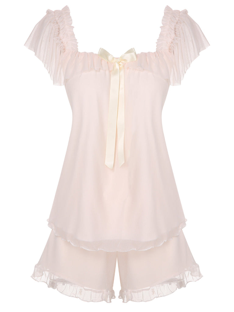 Pigiama scollo quadrato nastri rosa anni '50