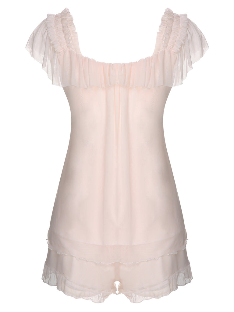 Pigiama scollo quadrato nastri rosa anni '50