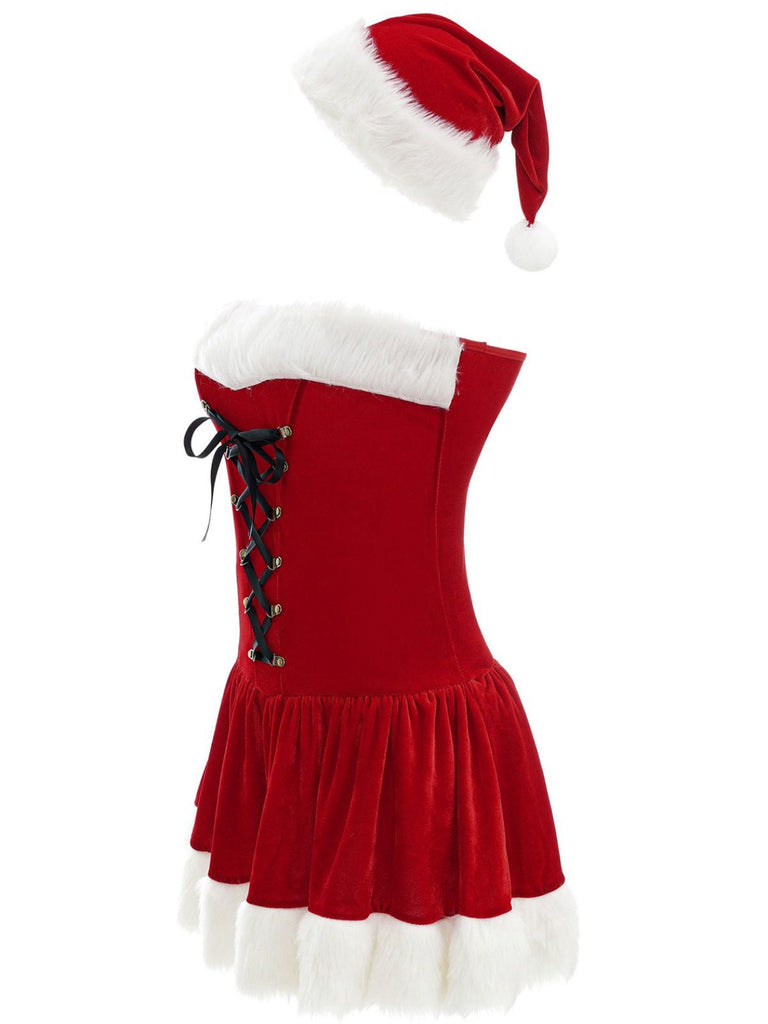 Abito da Babbo Natale in peluche con lacci e spalline rosso anni '70