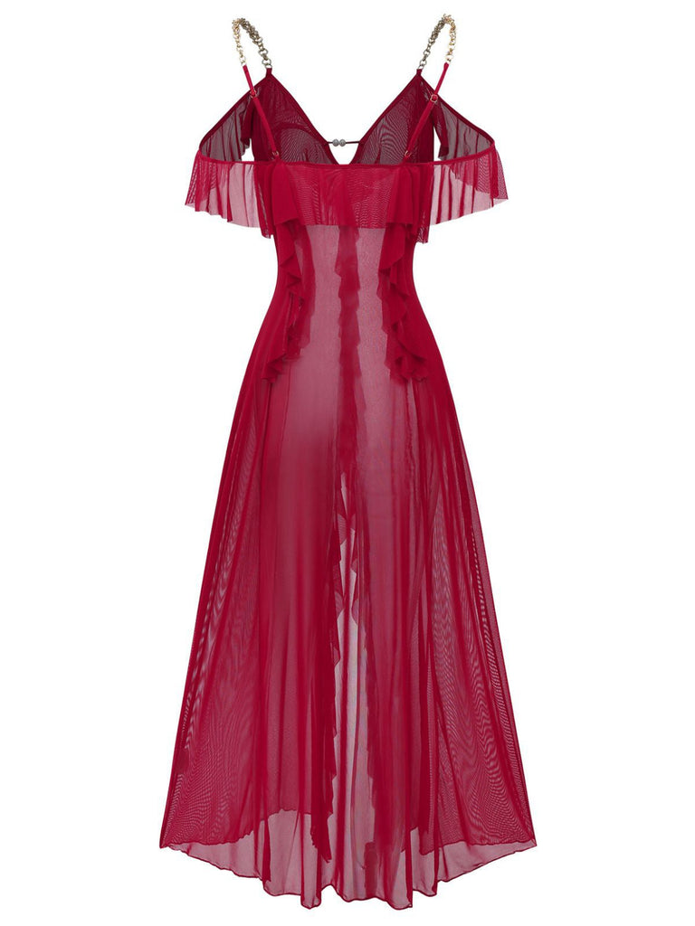 Camicia da notte in rete con spacco sulle spalle e volant anni '30