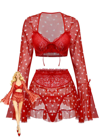 2PCS Pigiama a cuore e volant San Valentino rosso anni '60
