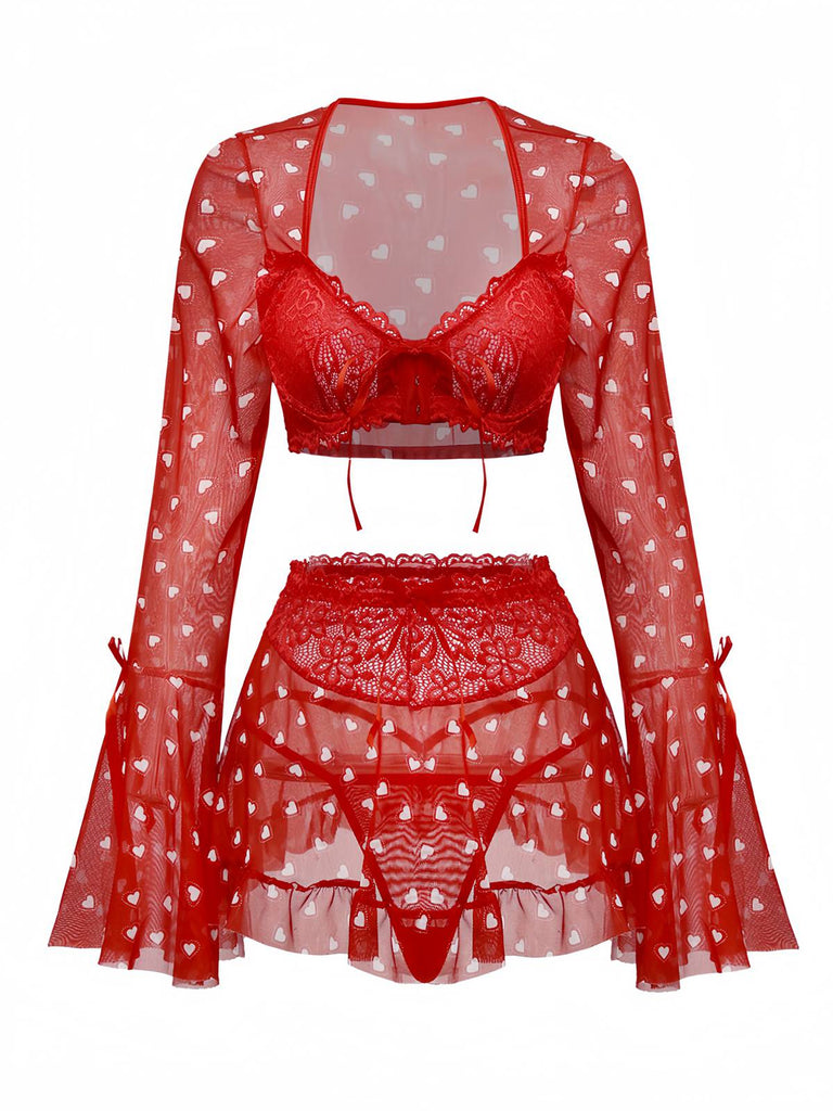 2PCS Pigiama a cuore e volant San Valentino rosso anni '60