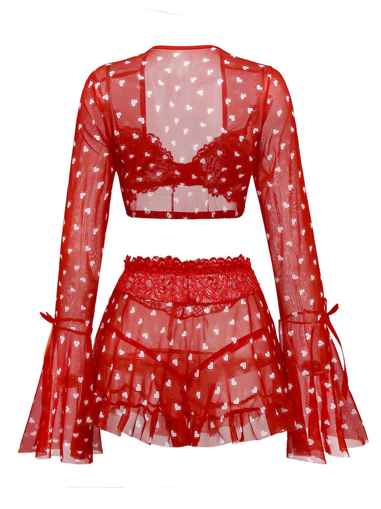 2PCS Pigiama a cuore e volant San Valentino rosso anni '60