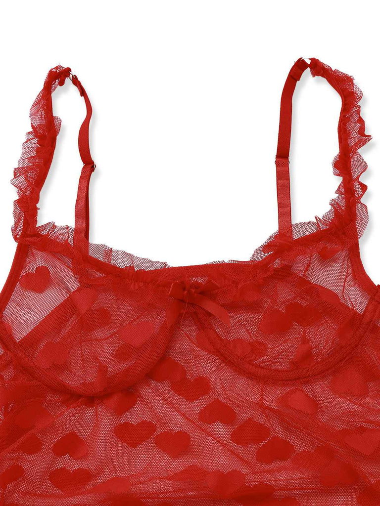 2PCS Pigiama a cuore e volant San Valentino rosso anni '60