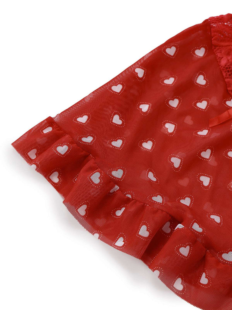 2PCS Pigiama a cuore e volant San Valentino rosso anni '60