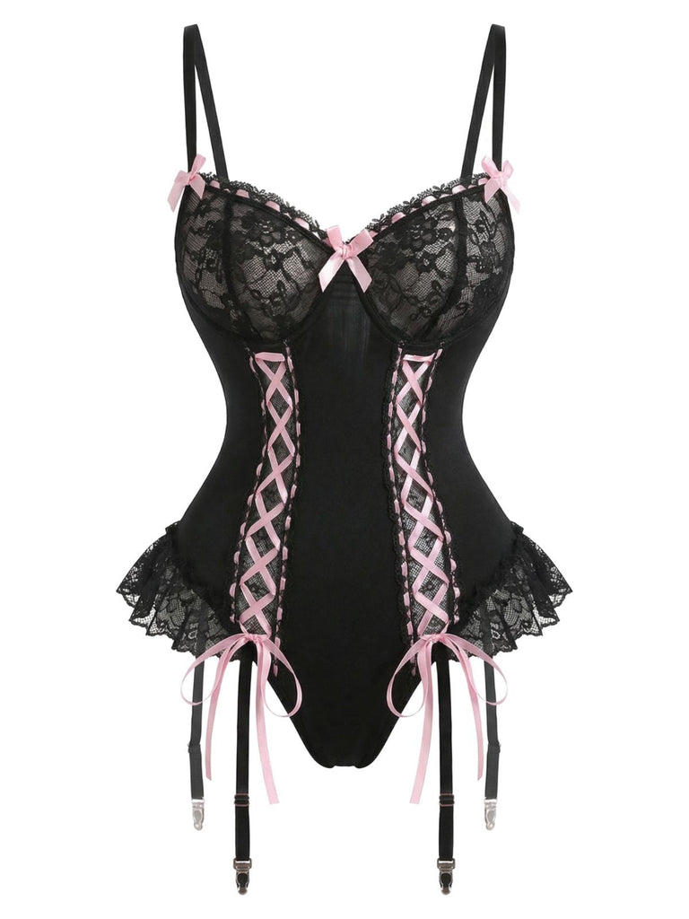 [Prevendita] Completo intimo con corsetto in pizzo e calze a rete nero anni '60