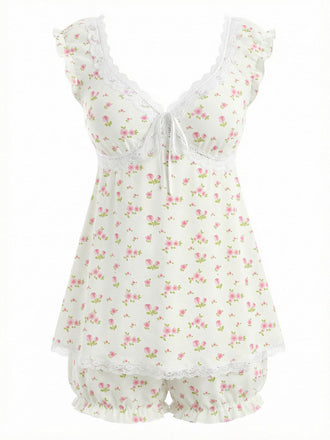 [Pre-Vendita] Set Pigiama Rosa a Fiorellini con Bordo in Pizzo e Volant Anni '50