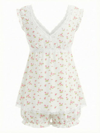 [Pre-Vendita] Set Pigiama Rosa a Fiorellini con Bordo in Pizzo e Volant Anni '50 2