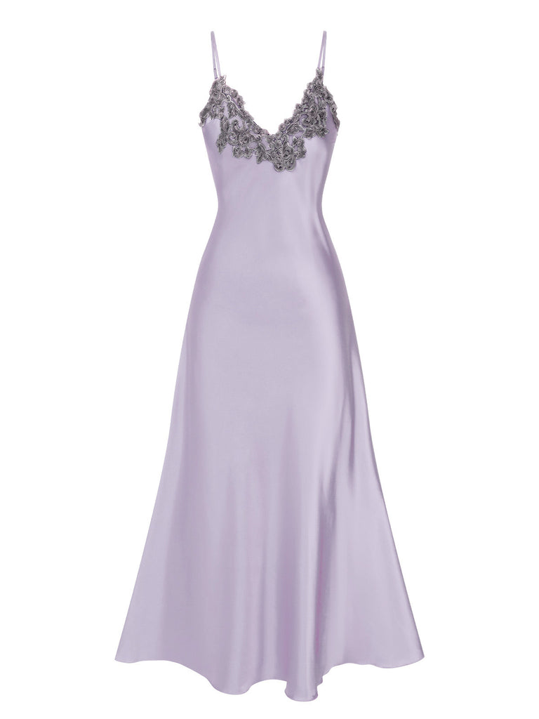 Pigiama spalline in finto raso ricamato viola anni '30