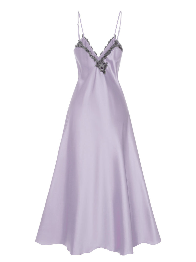Pigiama spalline in finto raso ricamato viola anni '30