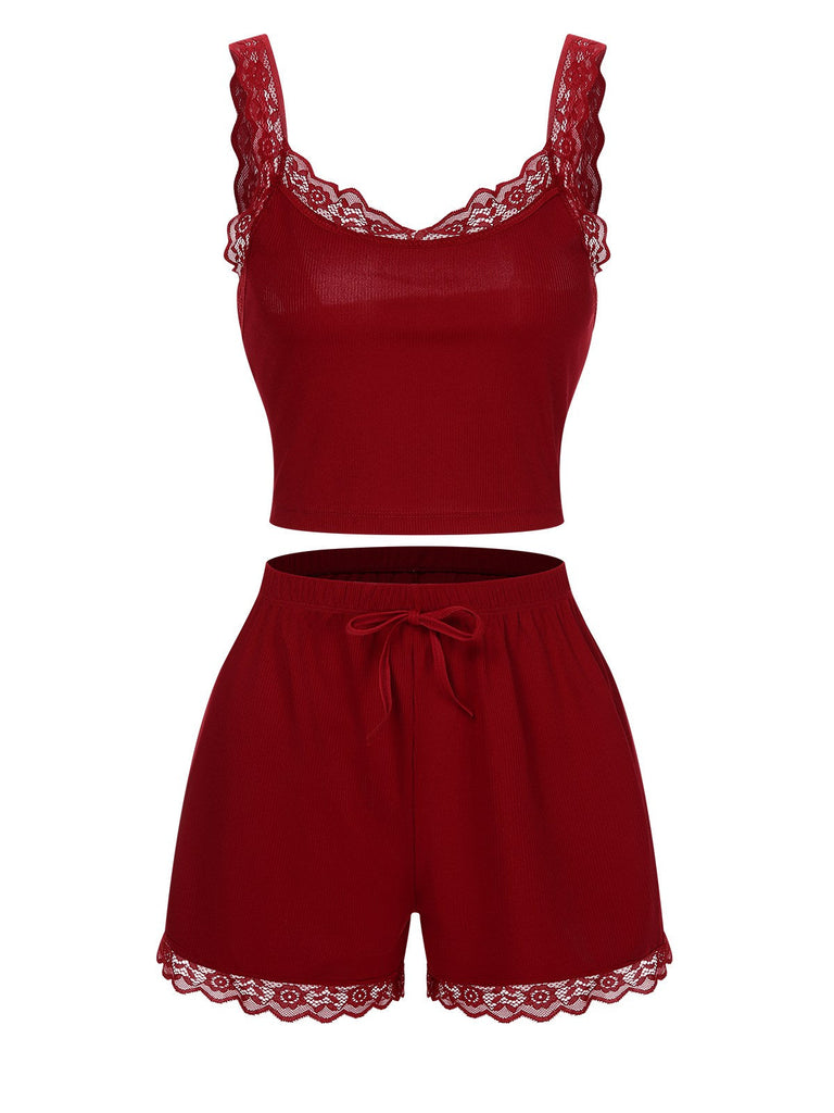 Pigiama con spalline in pizzo rosso anni '70