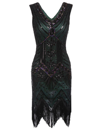Abito flapper con paillettes e 5 accessori verde scuro anni '20