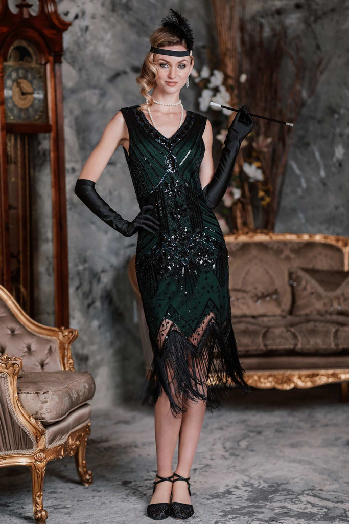 Abito jazz con frange e paillettes verde scuro anni '20