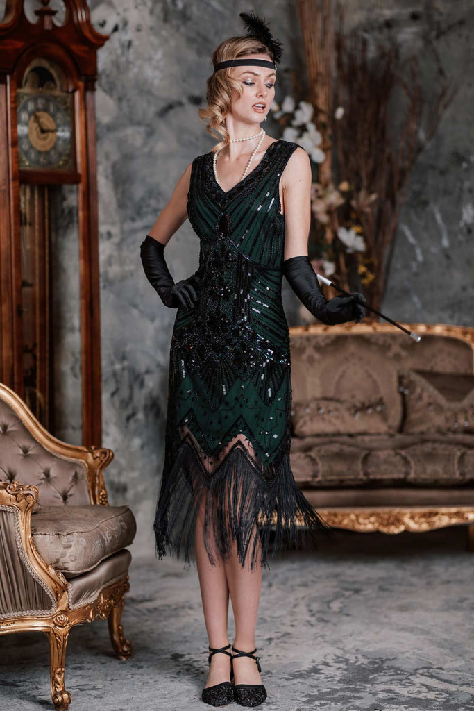 Abito jazz con frange e paillettes verde scuro anni '20