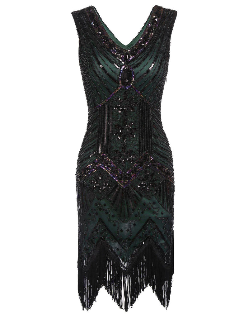 Abito jazz con frange e paillettes verde scuro anni '20