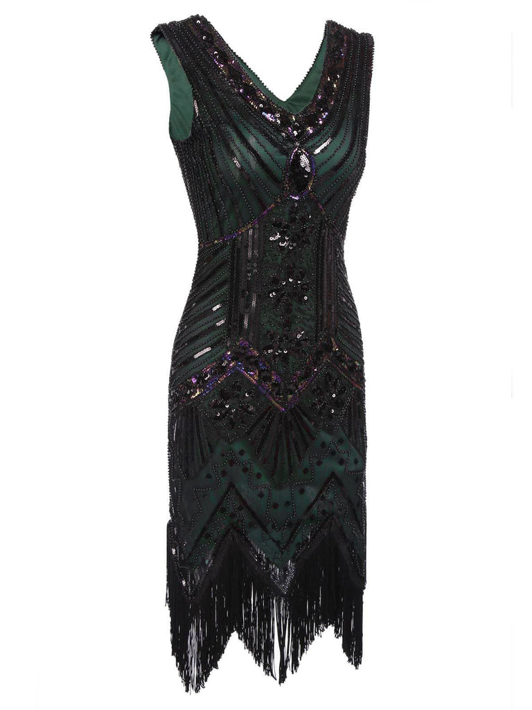 Abito jazz con frange e paillettes verde scuro anni '20