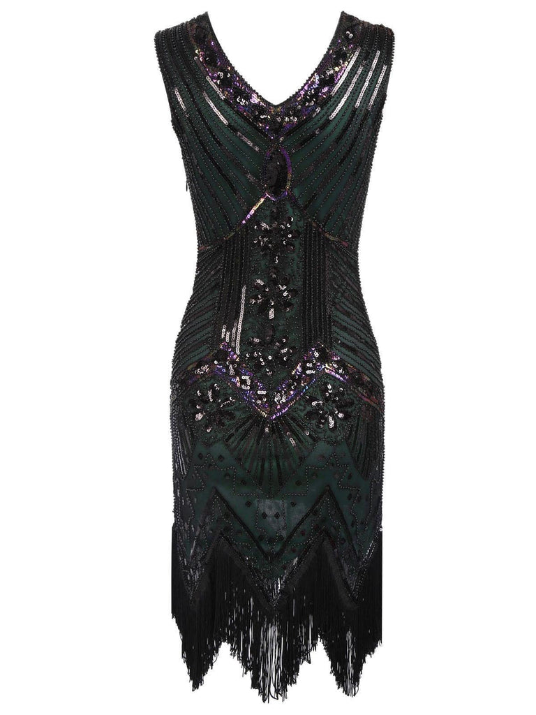 Abito jazz con frange e paillettes verde scuro anni '20