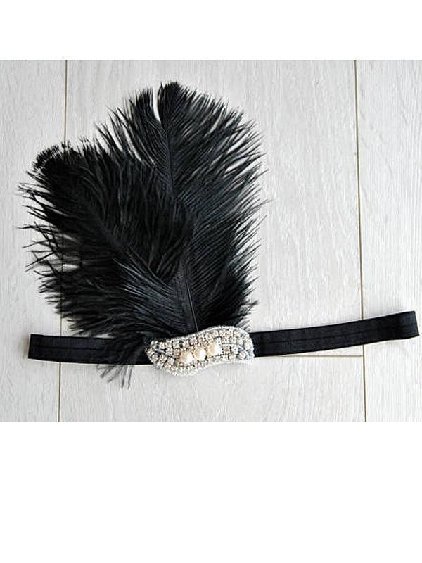 Fascia per capelli flapper con piume nero anni '20