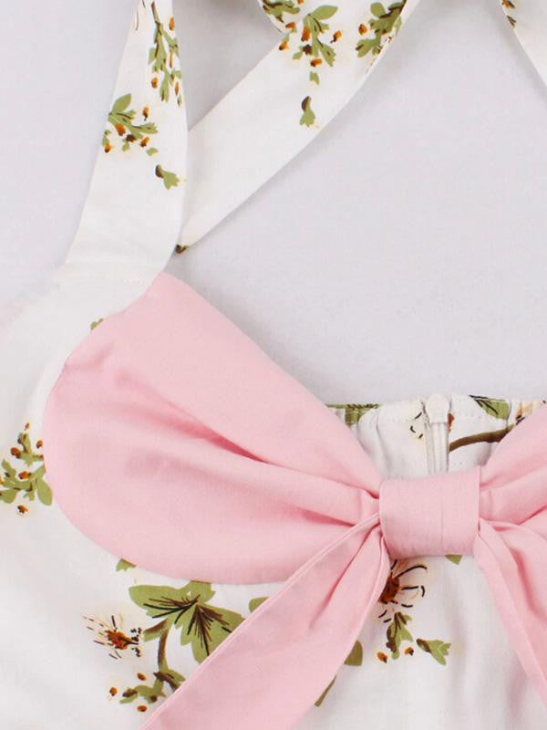 Abito a ruota stampa floreale fiocco rosa anni '50