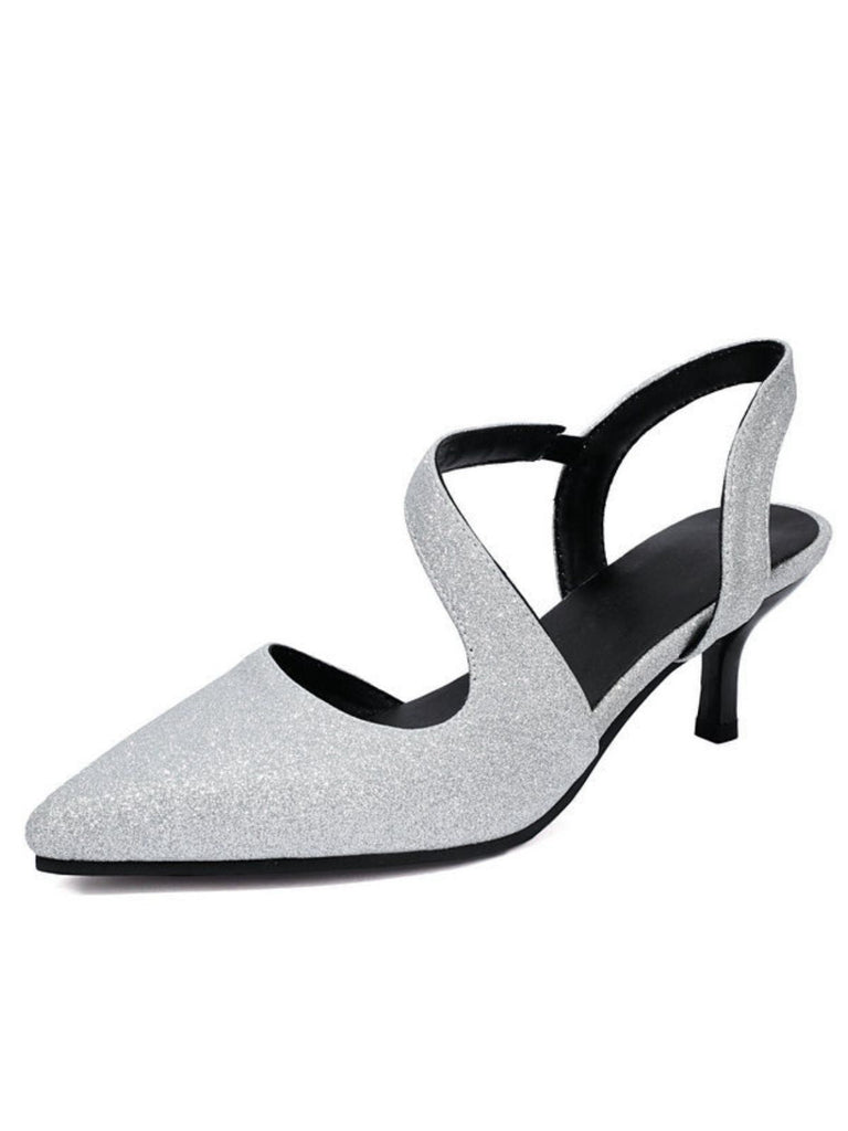 Professional pointed toe kitten heel shoes featuring subtle shimmer finish, ideal for modern workplace styling and business attire