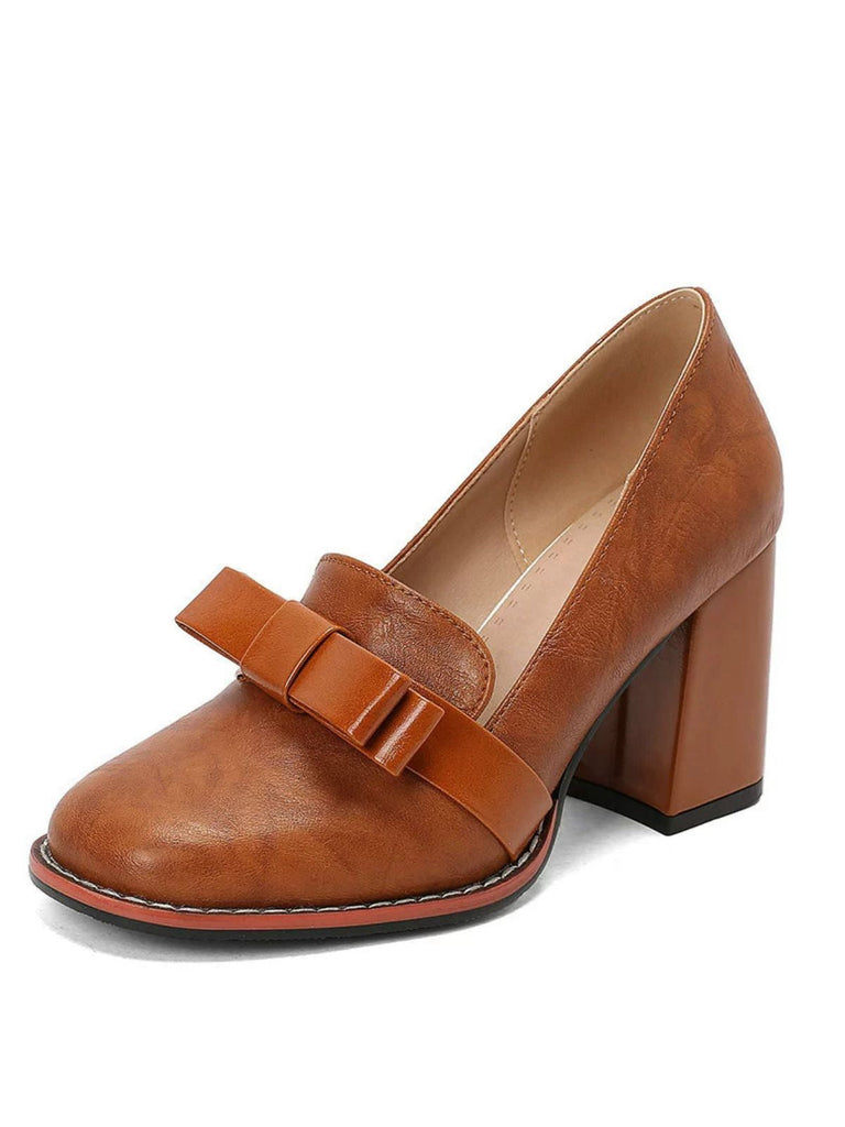 Scarpe-marrone-con-Fiocco-Punta-Quadrata-e-Tacco-Grosso