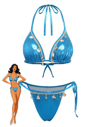 Set-Bikini-Blu-Anni '80-Metallizzato-Conchiglia-Con-Scollo-All'americana