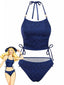Set tankini blu anni '80 perle e paillettes con scollo all'americana