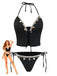Bikini nero con elementi decorativi su sfondo bianco