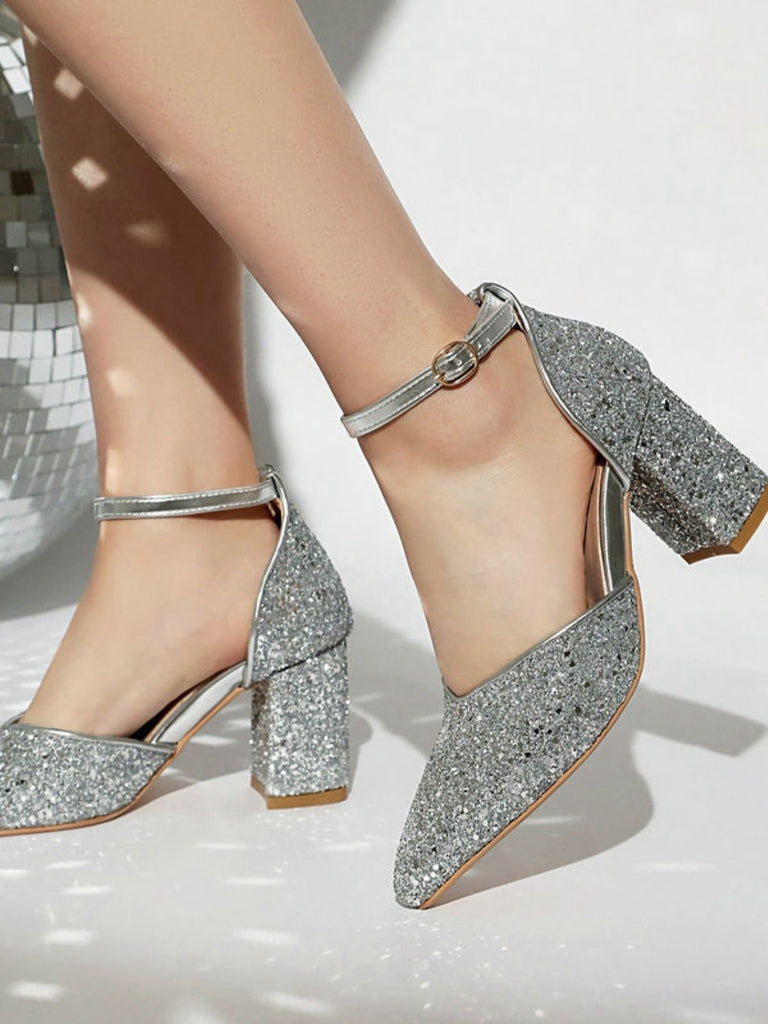 Décolleté a Punta con Glitter e Tacco Largo