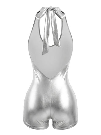 Silver metallic romper with halter neck design on a white background