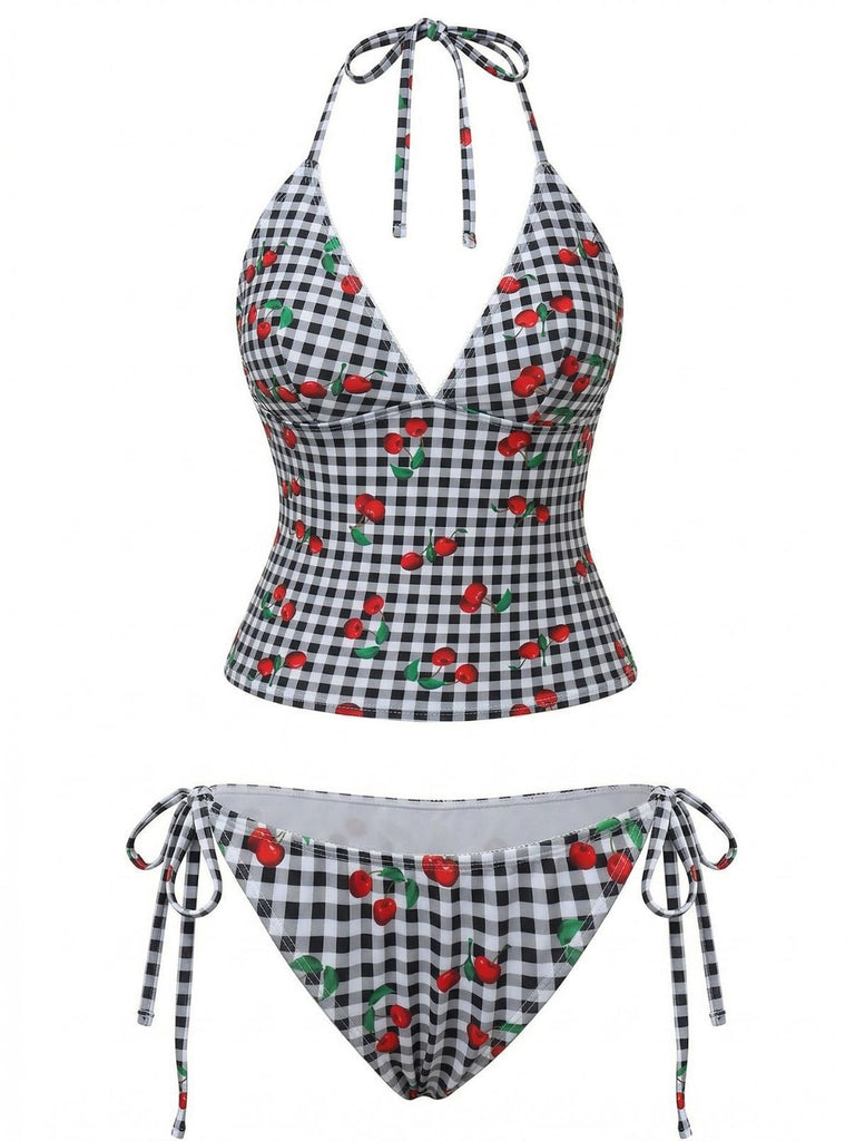 Bikini a quadri con motivo a ciliegie su sfondo bianco
