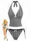 Tankini nero anni '60 a quadri con scollo a V profondo
