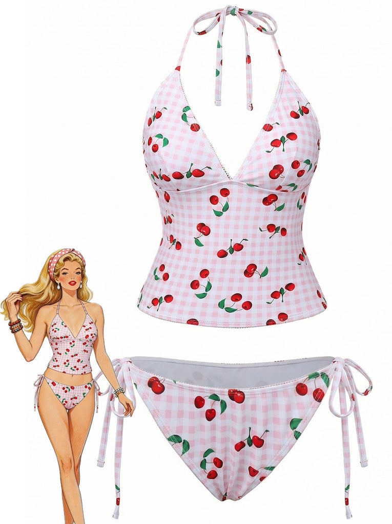 Bikini rosa con motivo a ciliegie su sfondo bianco