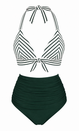 [Prevendita] Set bikini verde anni '50 a righe arricciato con scollo all'americana