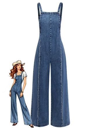 Tuta Lunga Blu in Denim Wide-Leg Overalls Frayed Anni '70