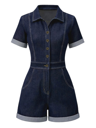 Tuta-corta-blu-scuro-anni '60-in-denim-con-colletto-a-camicia