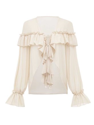 Blusa boho tinta unita con volant a cascata anni '70