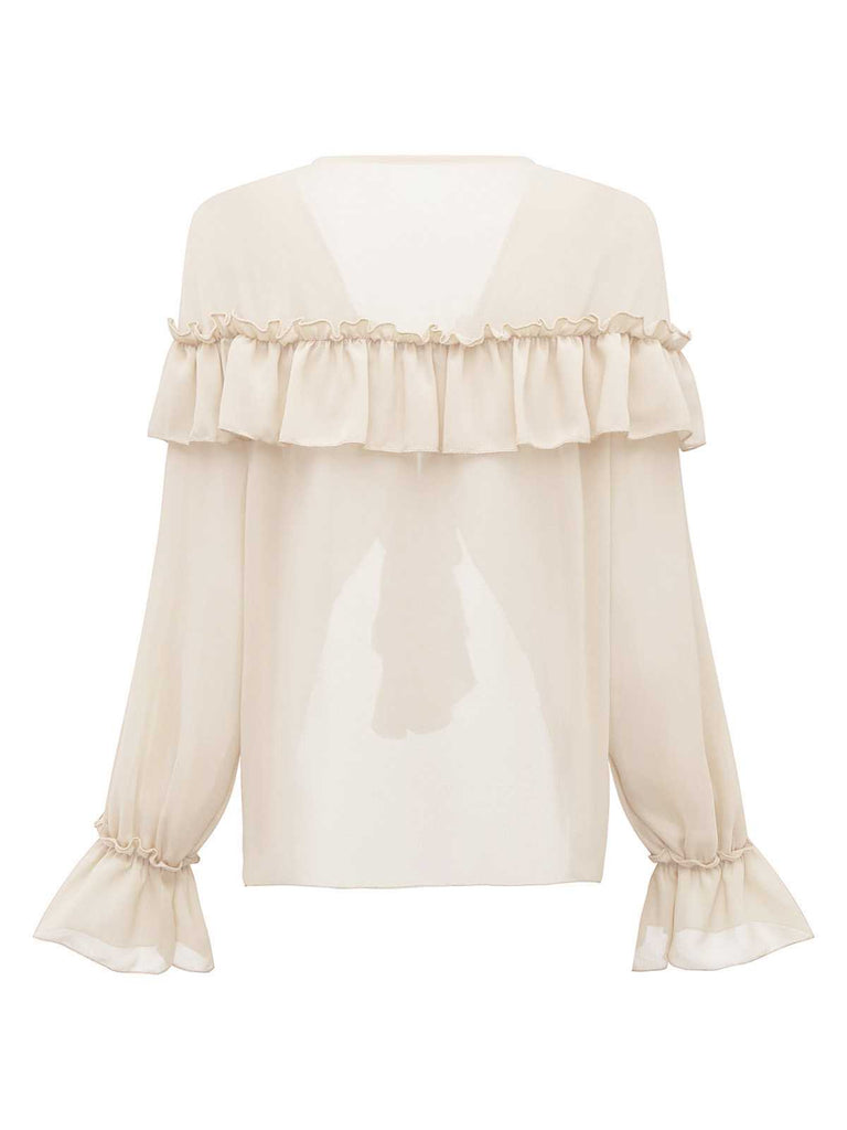 Blusa boho tinta unita con volant a cascata anni '70