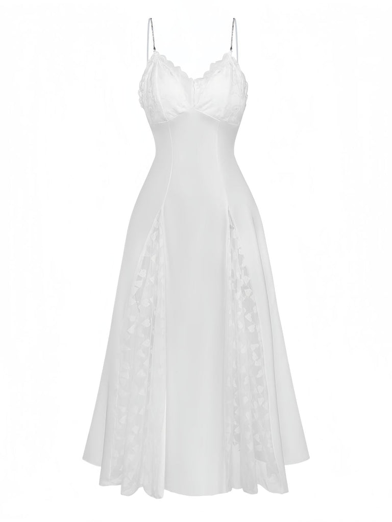 Camicia da Notte Maxi in Raso con Pizzo Strass e Spacco Bianco Anni '50