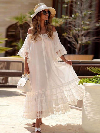 Abito Bianco Boho Spalle Scoperte in Pizzo a Balze Anni '70